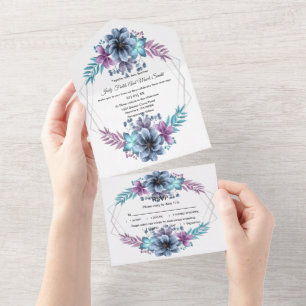 Invitación Todo En Uno Boda Floral De Color Azul Y Púrpura