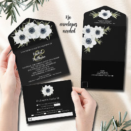 Invitación Todo En Uno Boda floral de color blanco y negro
