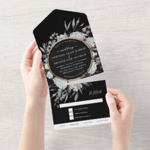 Invitación Todo En Uno Boda floral de color blanco y negro