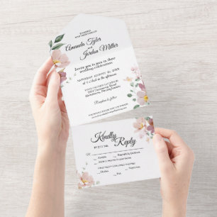 Invitación Todo En Uno Boda floral de color rosa y malva
