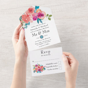 Invitación Todo En Uno Boda floral de coral, turquesa y púrpura