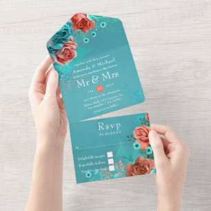 Invitación Todo En Uno Boda floral de coral y azul turquesa