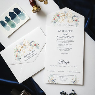 Invitación Todo En Uno Boda floral de crema de invierno azul polvoriento