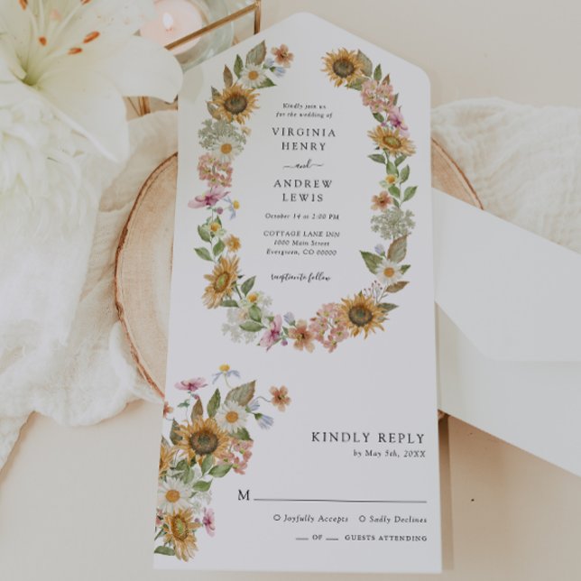 Invitación Todo En Uno Boda floral de girasol (Elegant Wildflower Sunflower Floral Wedding All In One Invitation by Painted Paperie
)