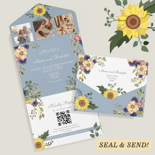 Invitación Todo En Uno Boda Floral de Girasoles Azules Polvorientos