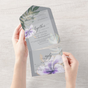 Invitación Todo En Uno Boda floral de hibisco con acuarela tropical
