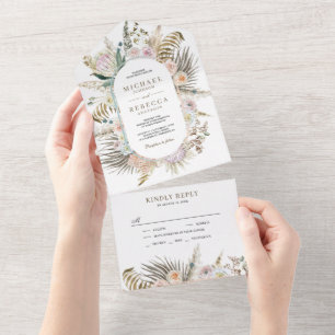 Invitación Todo En Uno Boda floral de hierba de Pampas de palma tropical