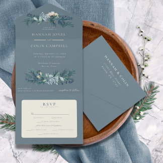 Invitación Todo En Uno Boda Floral de Invierno en Gris Azul Polvoriento
