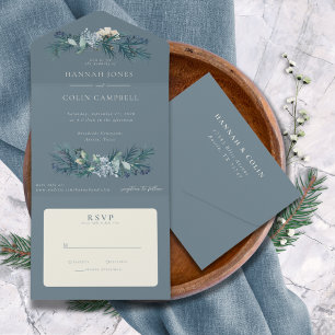 Invitación Todo En Uno Boda floral de invierno gris azul turquesa