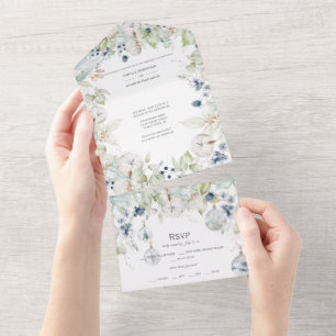 Invitación Todo En Uno Boda Floral de Invierno Verde Salvia Azul Polvorie