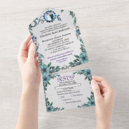 Invitación Todo En Uno Boda Floral de joyas azules