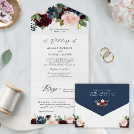 Invitación Todo En Uno Boda floral de la Marina Borgoña Rubor Detalles RS