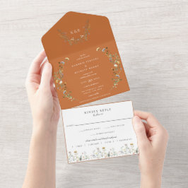 Invitación Todo En Uno Boda floral de la pradera silvestre Terra-Cotta