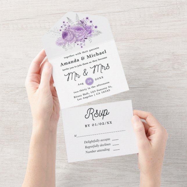 Invitación Todo En Uno Boda floral de lavanda y plata (desgarro)
