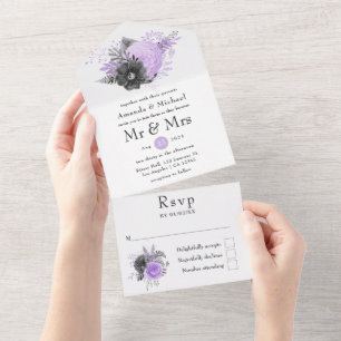 Invitación Todo En Uno Boda floral de lila y carbón
