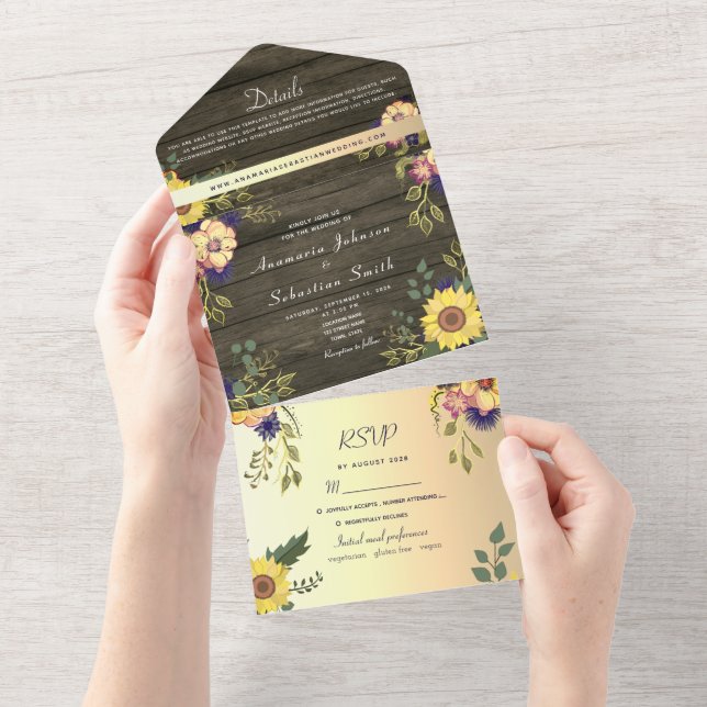 Invitación Todo En Uno Boda Floral de Madera Rústica (desgarro)
