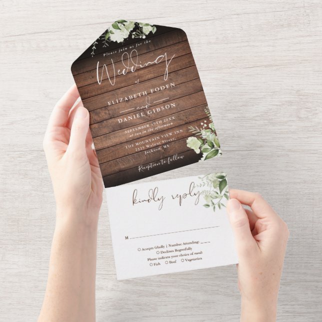 Invitación Todo En Uno Boda Floral de Madera Rústica de Granero (desgarro)