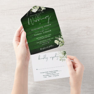 Invitación Todo En Uno Boda Floral de Madera Verde Rústica