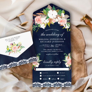 Invitación Todo En Uno Boda Floral de Magnolia Algodón Rosa Naval