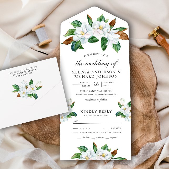 Invitación Todo En Uno Boda floral de magnolia blanca rusa (Subido por el creador)