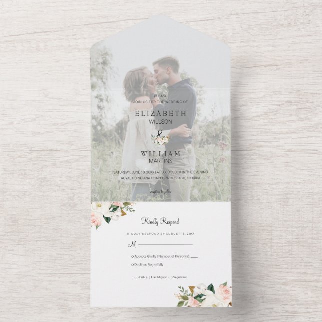 Invitación Todo En Uno Boda floral de Magnolia rosa blanca y Rubor (Interior)