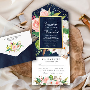 Invitación Todo En Uno Boda Floral de Magnolia Rosa Rosado Blanco Azul Ma