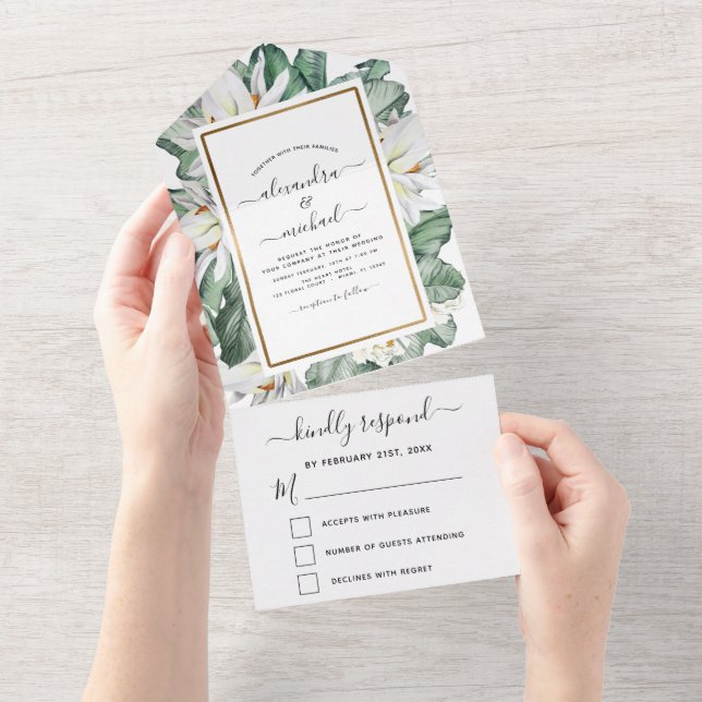 Invitación Todo En Uno Boda floral de Magnolia Tropical Presupuestaria RS (desgarro)