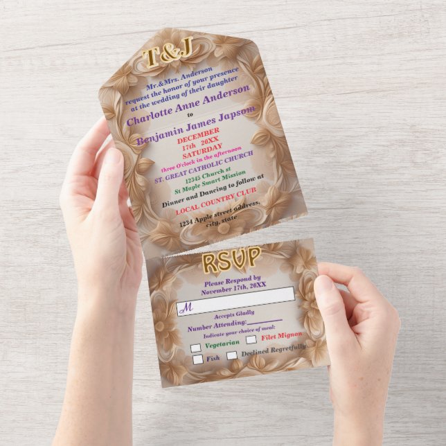 Invitación Todo En Uno boda floral de marco de madera 3D (desgarro)