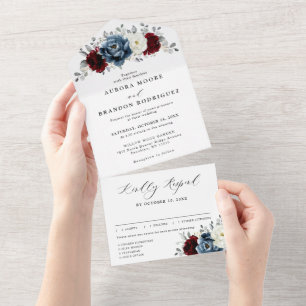 Invitación Todo En Uno Boda floral de marfil blanco de borgoña azul pizar