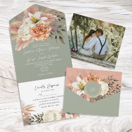 Invitación Todo En Uno Boda Floral de Melocotón Verde Salvia