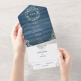 Invitación Todo En Uno Boda floral de monograma de madera azul rústica
