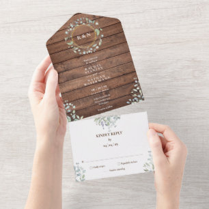 Invitación Todo En Uno Boda Floral de Monograma de Madera Rústica