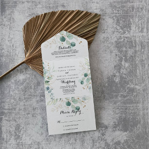 Invitación Todo En Uno Boda floral de oro de eucalipto ruso
