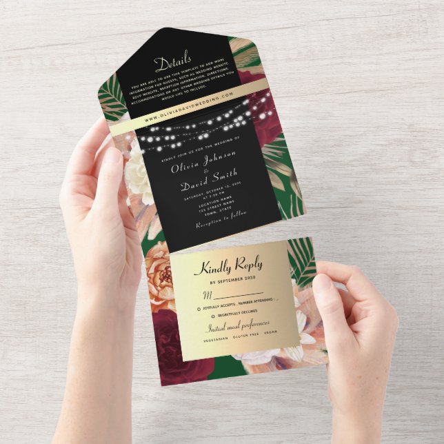 Invitación Todo En Uno Boda floral de oro negro (desgarro)