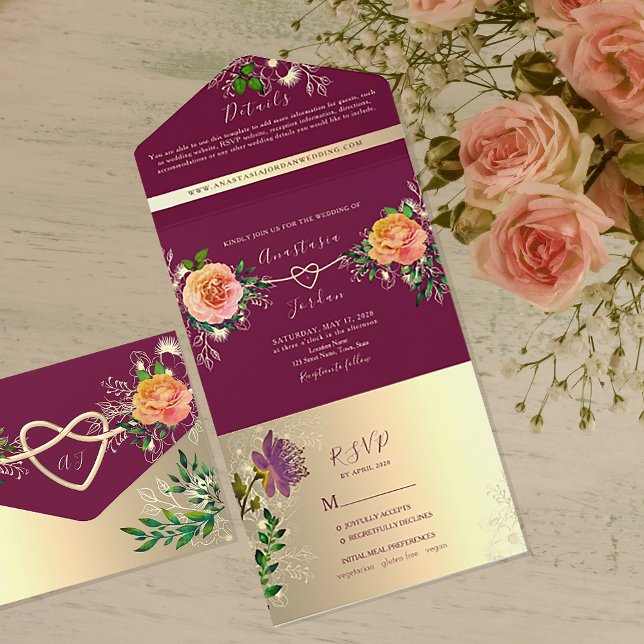 Invitación Todo En Uno Boda floral de oro rosado caliente (Subido por el creador)