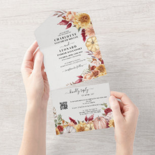 Invitación Todo En Uno Boda floral de otoño código Qr Rsvp