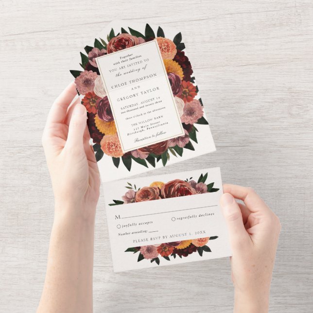 Invitación Todo En Uno Boda floral de otoño en Borgoña (desgarro)