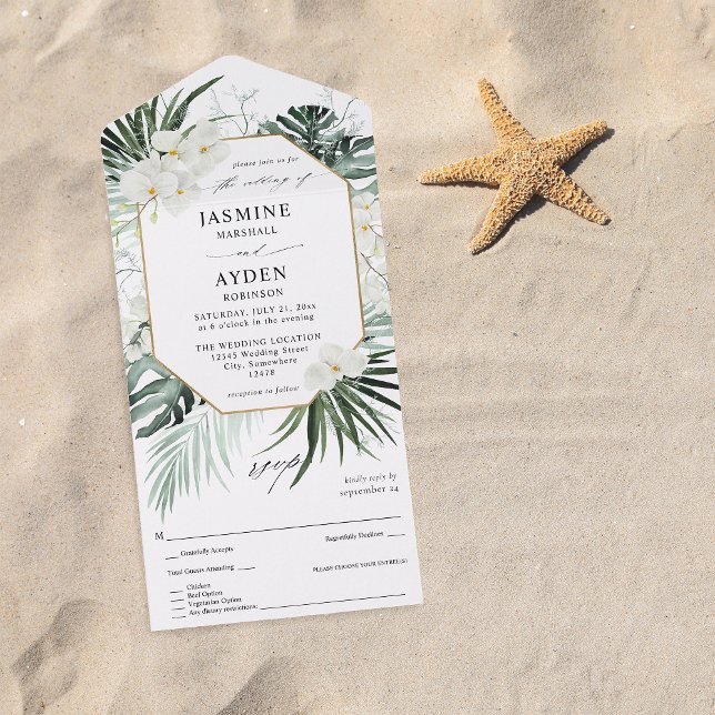 Invitación Todo En Uno Boda floral de palma y blanco tropical (Subido por el creador)