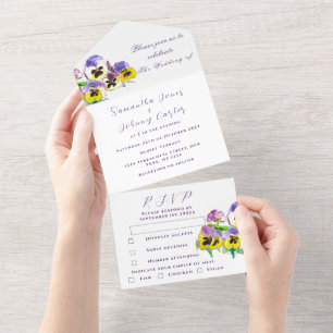 Invitación Todo En Uno Boda floral de pensamientos en acuarela elegante