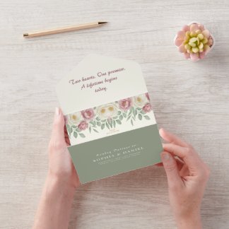 Invitación Todo En Uno Boda floral de peonía rosa polvorienta romántica