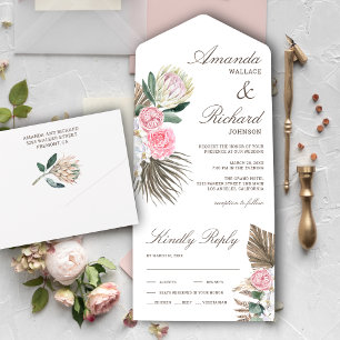 Invitación Todo En Uno Boda floral de protea rosa palo boho rústica
