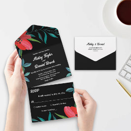 Invitación Todo En Uno Boda floral de rosa roja silvestre en blanco y neg