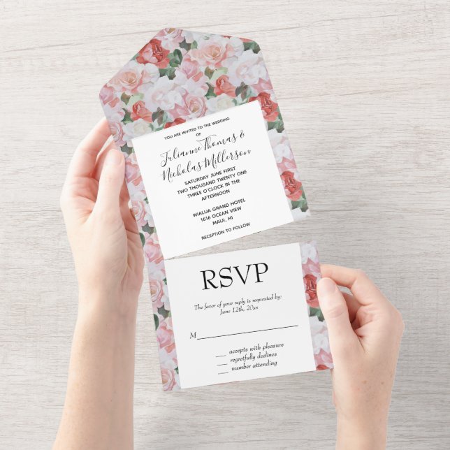 Invitación Todo En Uno Boda floral de rosas blancas rojas rojas (desgarro)