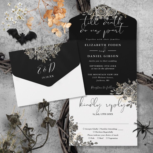 Invitación Todo En Uno Boda Floral De Rosas Blancas Y Negra Gótica (Gothic Black And White Roses Floral Wedding All In One Invitation)