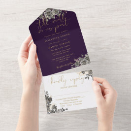 Invitación Todo En Uno Boda Floral De Rosas Góticos Morados Y Oro