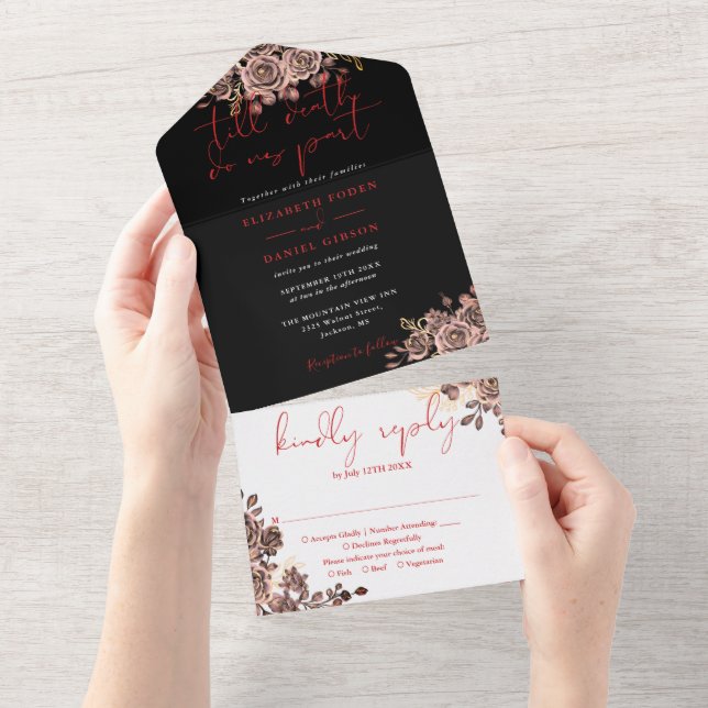 Invitación Todo En Uno Boda Floral De Rosas Góticos Negros Y Rojos (desgarro)