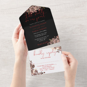 Invitación Todo En Uno Boda Floral De Rosas Góticos Negros Y Rojos