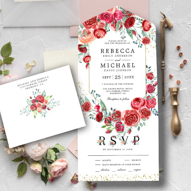 Invitación Todo En Uno Boda floral de rosas rojas modernas (Subido por el creador)