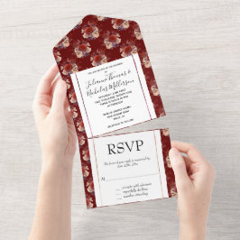 Invitación Todo En Uno Boda floral de rosas rojas románticas