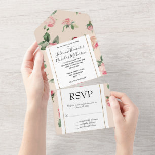 Invitación Todo En Uno Boda floral de rosas rosadas de crema romántica